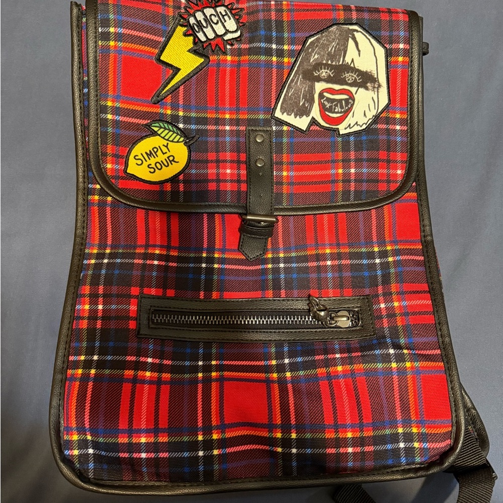 Disney Red Plaid Backpack with Fun Patches